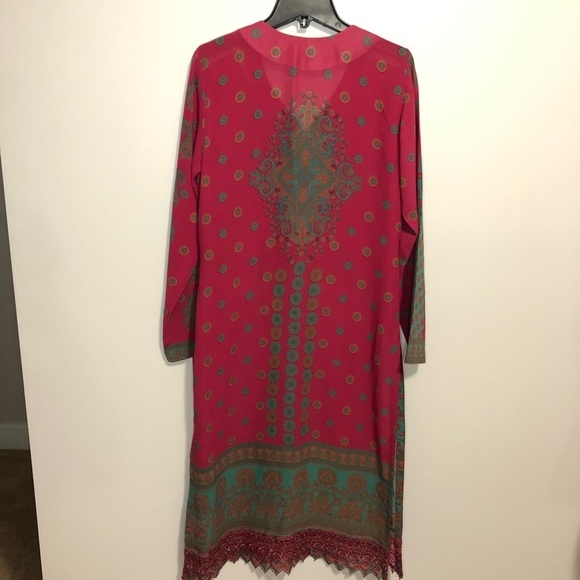 Kurti Magenta Blue Print Long Sleeve Side Slits Sheer Lightweight Tunic Dress - Picture 6 of 13